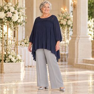 Cato Woman Tunic Blouse 26/28W Navy Pleated Lace High Low Flowy Plus Size